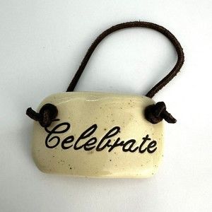 Pottery Barn Celebrate Hanging Bottle Tag Ornament Ceramic Plaque Leather Hanger